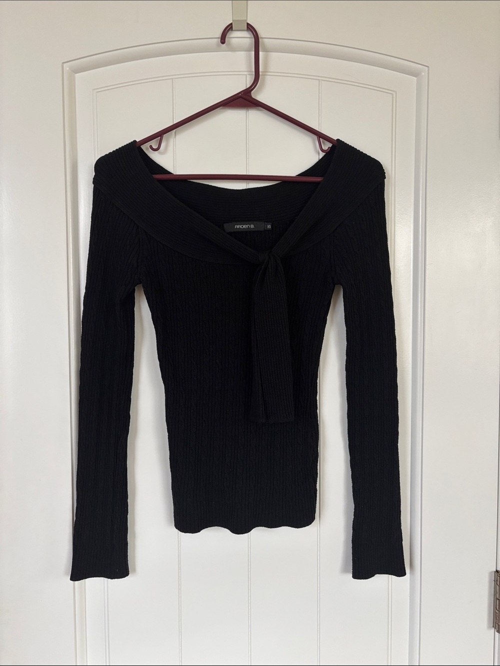 Arden B Black Off-Shoulder Cable-Knit Sweater with Sailor Tie
